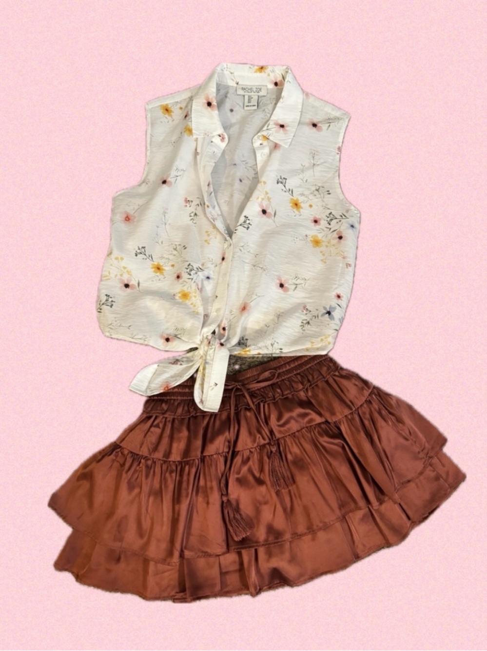 Floral Tie-Front Sleeveless Blouse - Soft White with Satin Skort Set